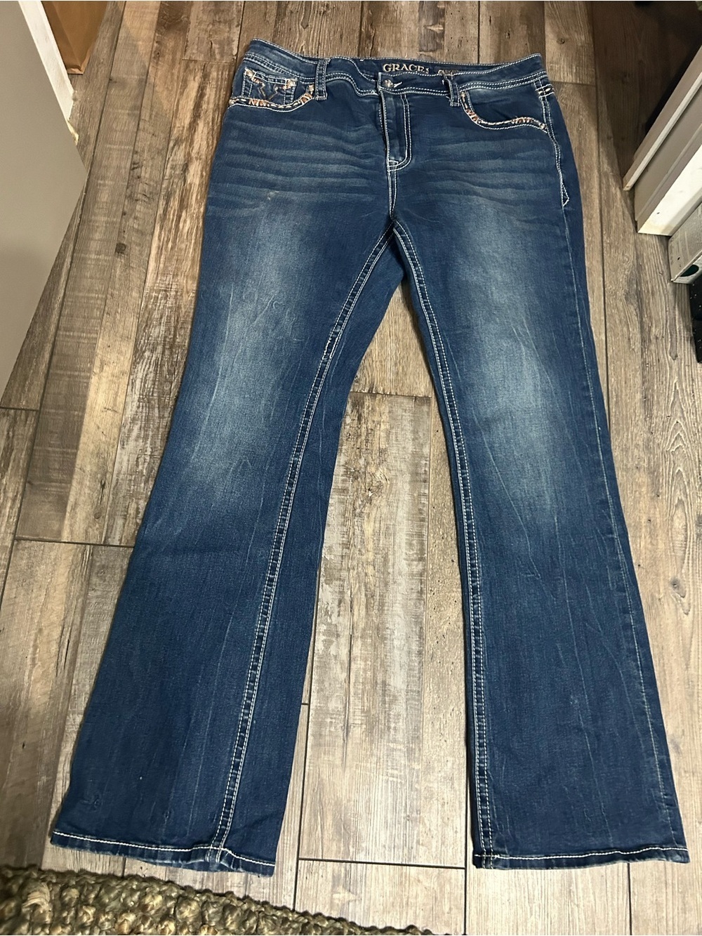 Grace in LA Dark Wash Blue bootcut Jeans with longhorn embroidered embellish